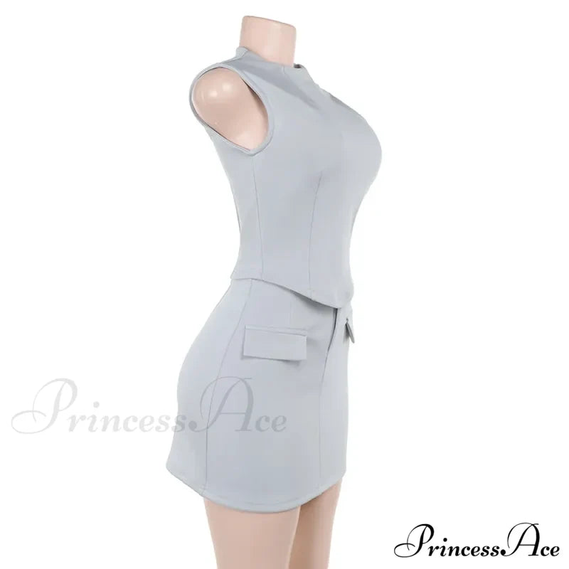 High Neck Solid Top Graceful And Bodycon Mini Skirt Set Two Pieces