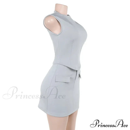 High Neck Solid Top Graceful And Bodycon Mini Skirt Set Two Pieces