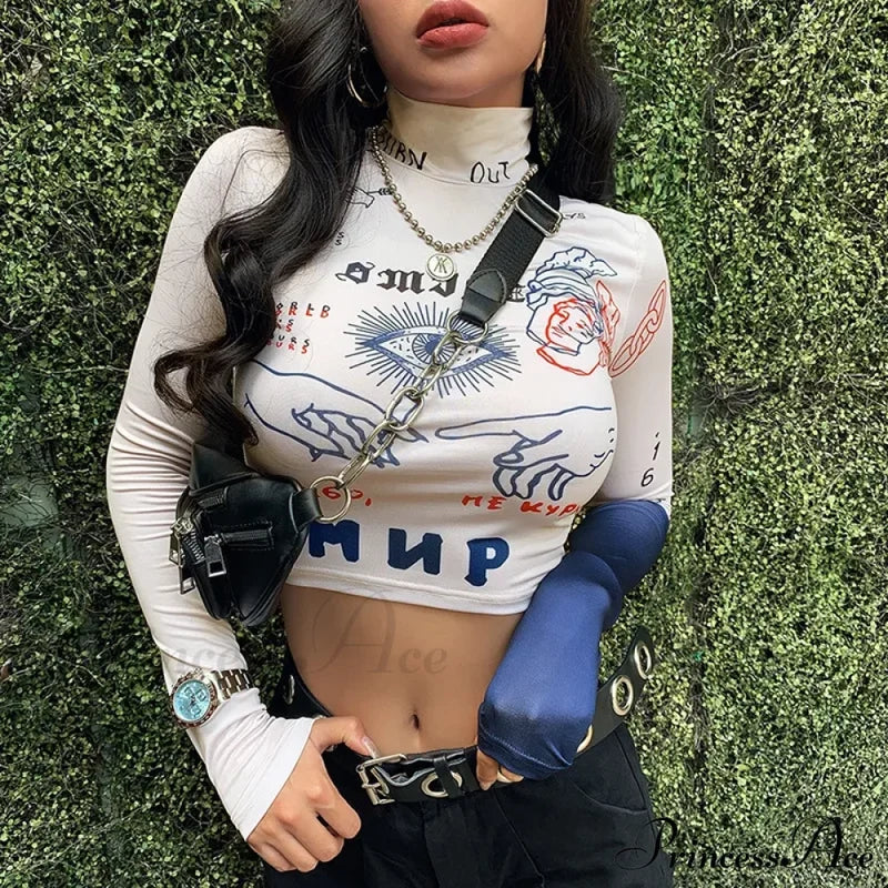 High Street Casual Funny Print Stretch Slim Autumn Crop Top