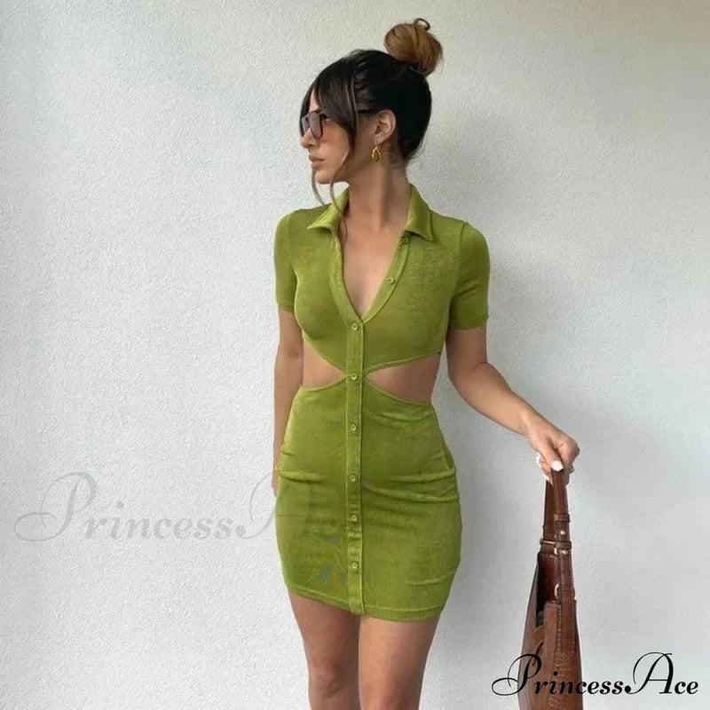 Hollow Bodycon Mini Split Nightclub Evening Female Casual Elegant Streetwear Top Cut Out Dress Army