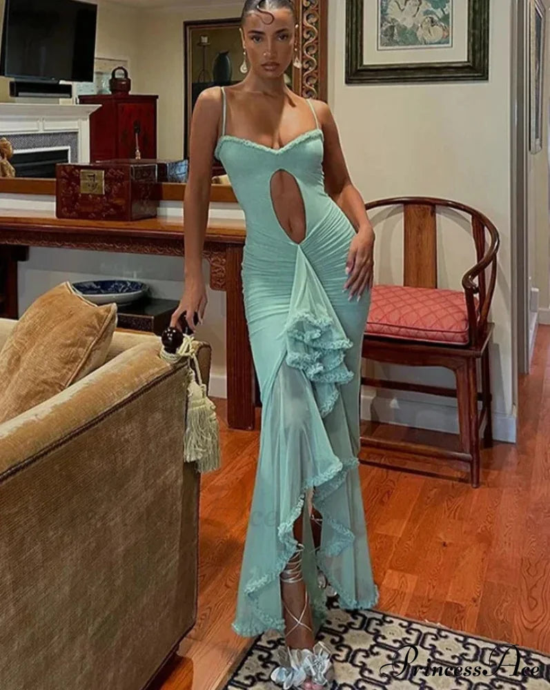 Hollow Out Ruffles Charming Strap Midi Dress