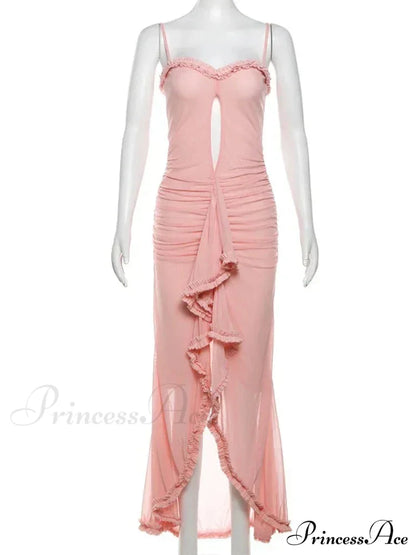Hollow Out Ruffles Charming Strap Midi Dress