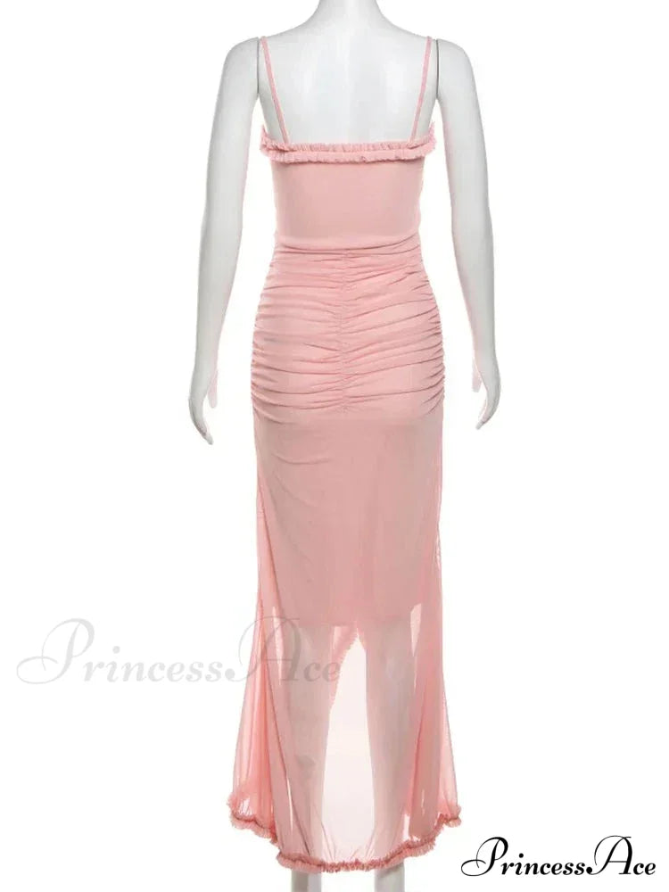 Hollow Out Ruffles Charming Strap Midi Dress