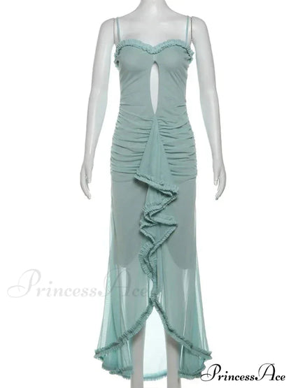 Hollow Out Ruffles Charming Strap Midi Dress