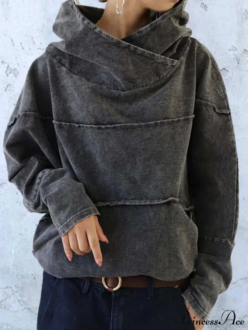Hooded Effect Color Denim Washed Solid Sweatshirt