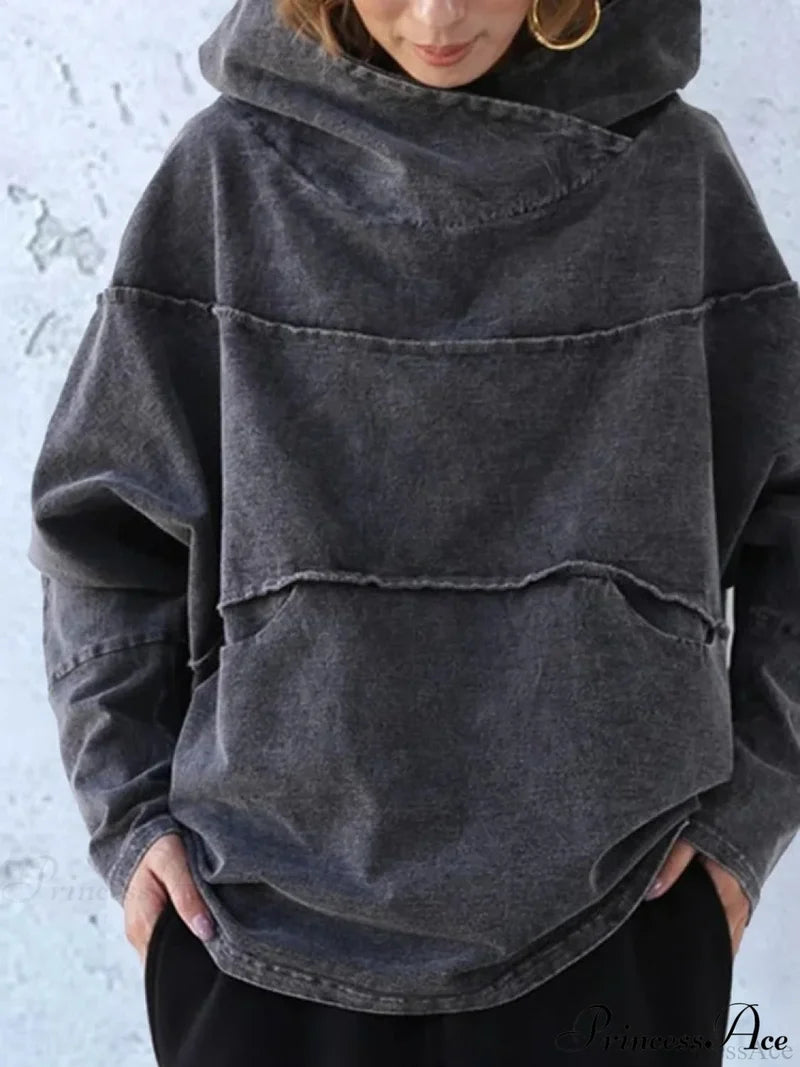 Hooded Effect Color Denim Washed Solid Sweatshirt
