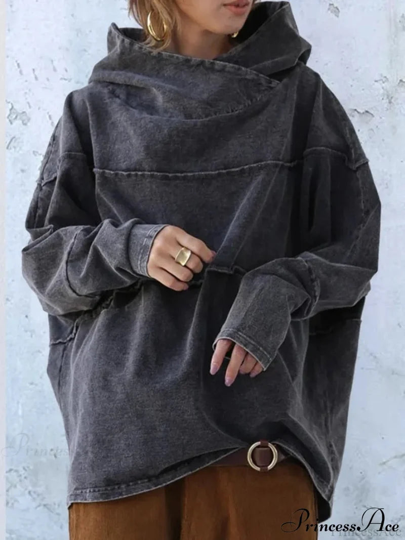 Hooded Effect Color Denim Washed Solid Sweatshirt