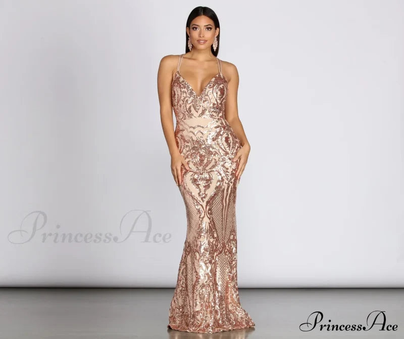 Julieanne Formal Sequin Scroll Dress - Lady Occasions