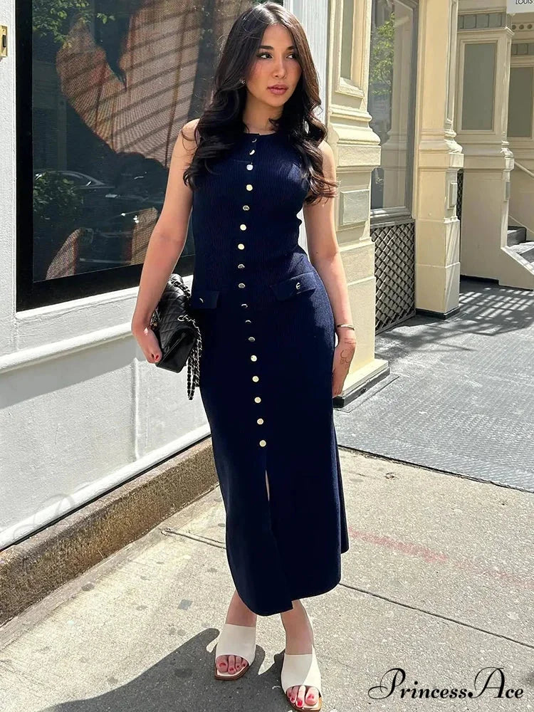 Knit Buttoned Stylish Midi Dress Solid