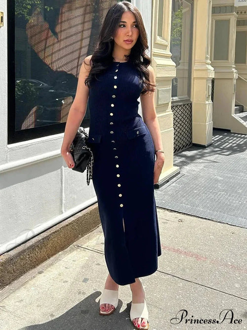 Knit Buttoned Stylish Midi Dress Solid