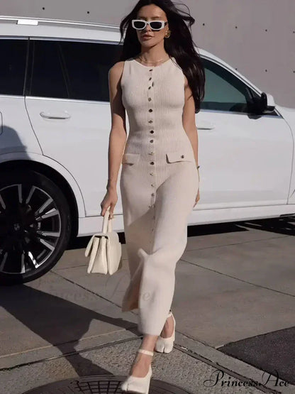 Knit Buttoned Stylish Midi Dress Solid