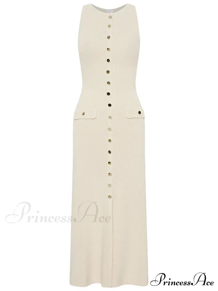 Knit Buttoned Stylish Midi Dress Solid