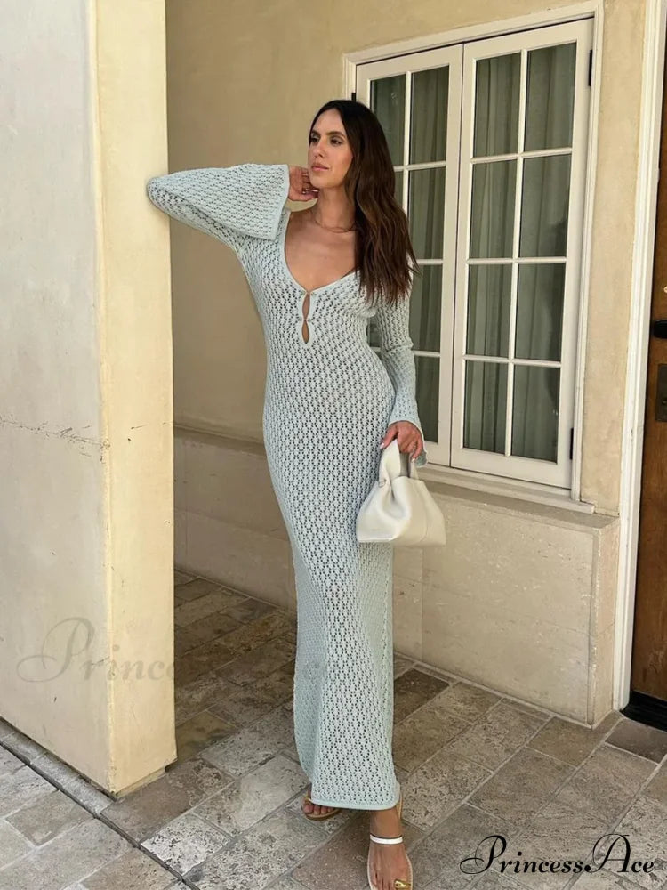 Knit Flare Stylish Long Sleeve Dress Hollow-Out