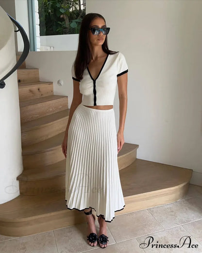 Knit Two Tone Short Sleeve Buttoned Modern Top And Pleated Midi Skirt Set
