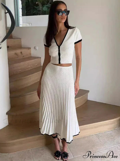 Knit Two Tone Short Sleeve Buttoned Modern Top And Pleated Midi Skirt Set