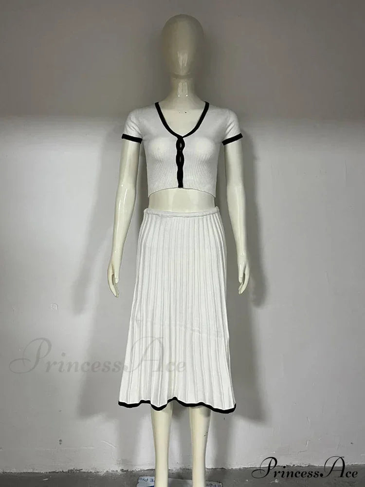 Knit Two Tone Short Sleeve Buttoned Modern Top And Pleated Midi Skirt Set