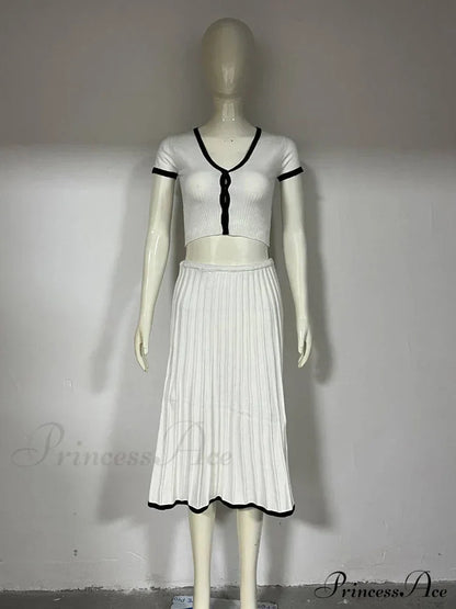 Knit Two Tone Short Sleeve Buttoned Modern Top And Pleated Midi Skirt Set