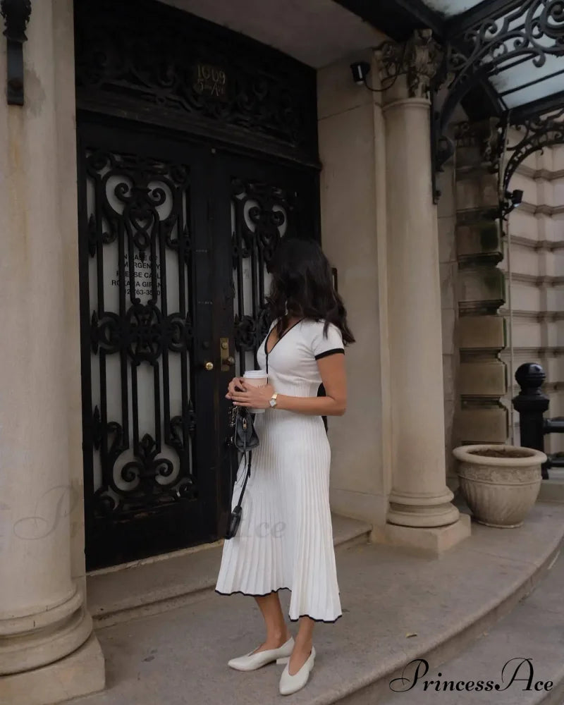 Knit Two Tone Short Sleeve Buttoned Modern Top And Pleated Midi Skirt Set