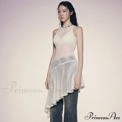 Knit White Asymmetrical Charming Tank Midi Dress