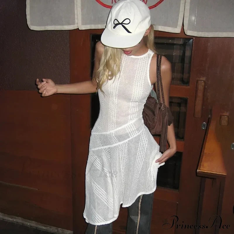 Knit White Asymmetrical Charming Tank Midi Dress