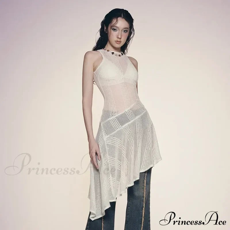 Knit White Asymmetrical Charming Tank Midi Dress