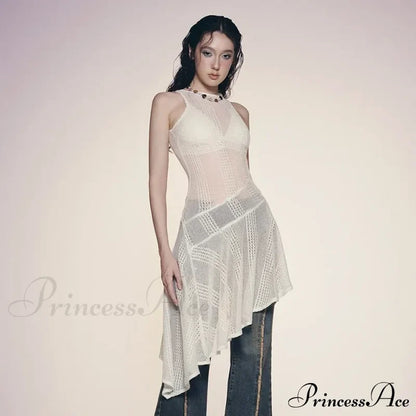 Knit White Asymmetrical Charming Tank Midi Dress