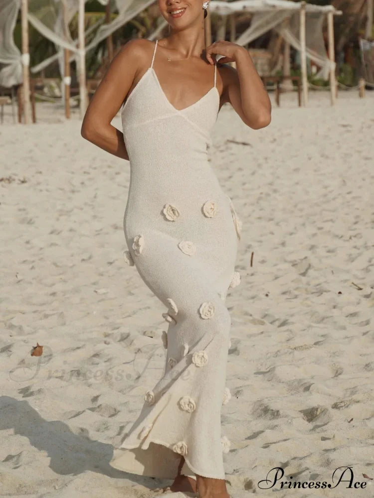 Knitted Floral Stylish Midi Dress Apricot / S Dresses
