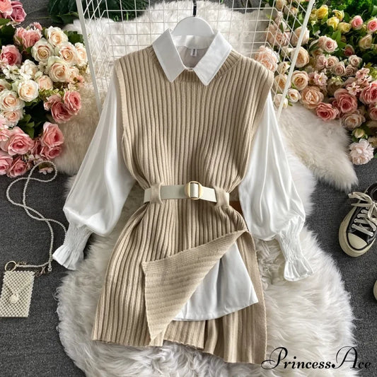 Knitted Set Waistband Style Blouse Top - Women’s Lantern College And Vest Arm Uk900