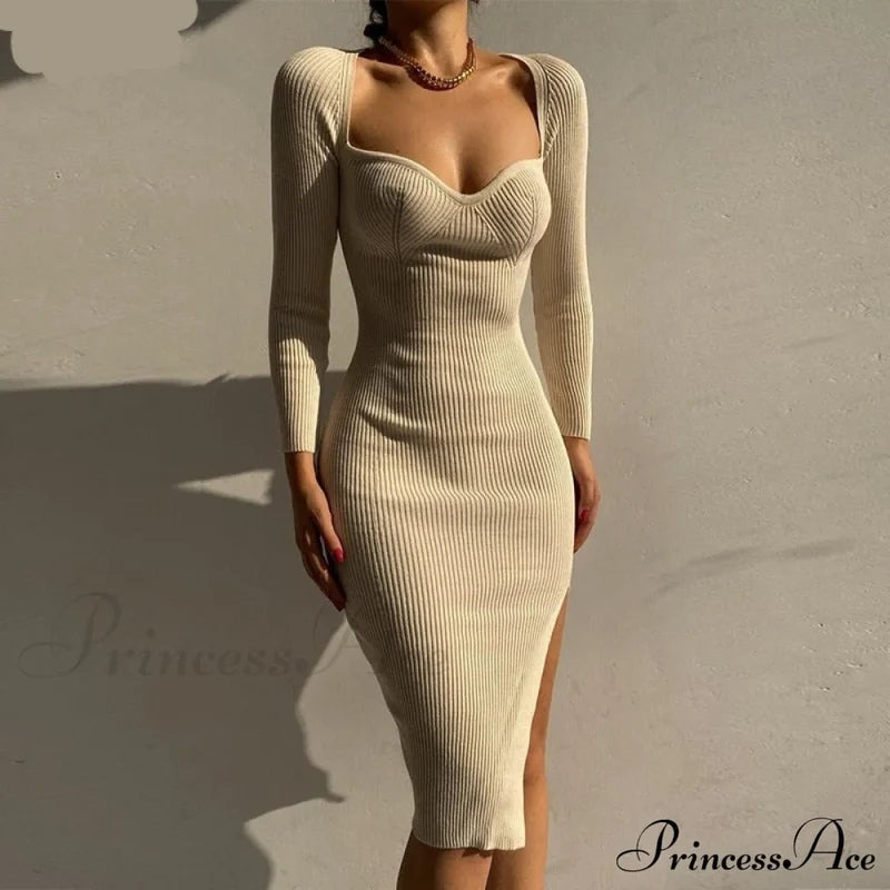 Knitted Sleeves Gown And Women Long Sweater Shoulder Off With Design Apricot Midi Dress / S