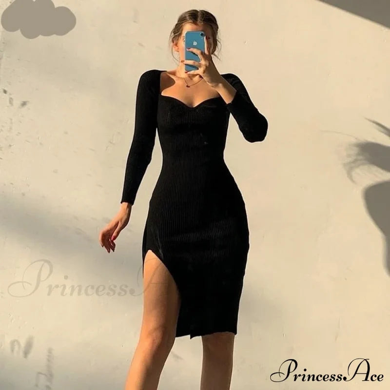 Knitted Sleeves Gown And Women Long Sweater Shoulder Off With Design Black Midi Dress / S