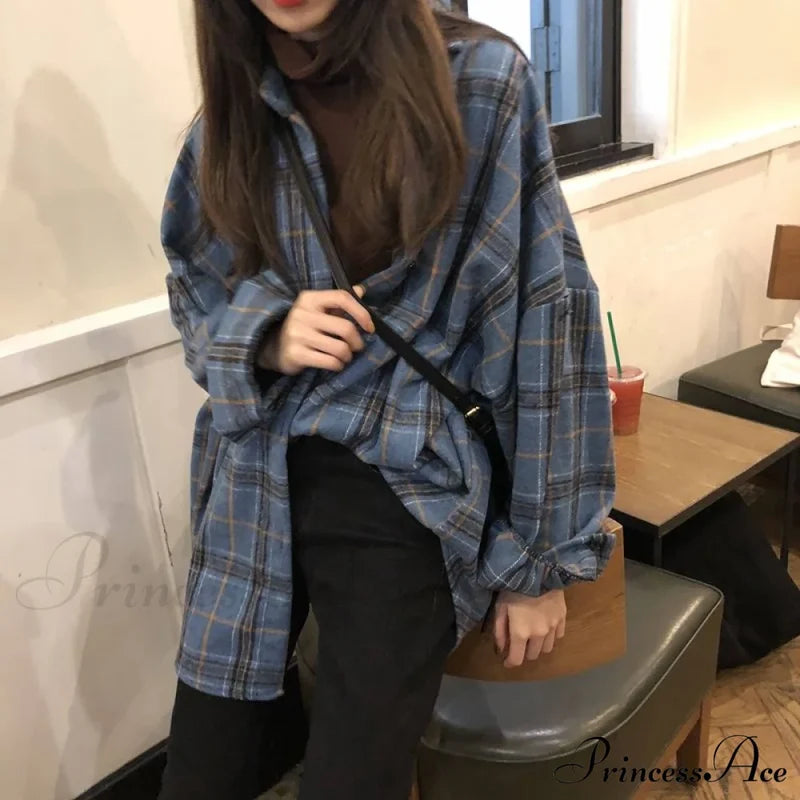 Korean Flannel Plaid Boyfriend Oversized Blouse Casual For Women Autumn Street Tunic Shirts Vintage