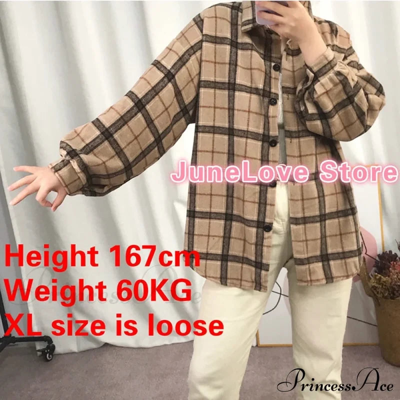 Korean Flannel Plaid Boyfriend Oversized Blouse Casual For Women Autumn Street Tunic Shirts Vintage
