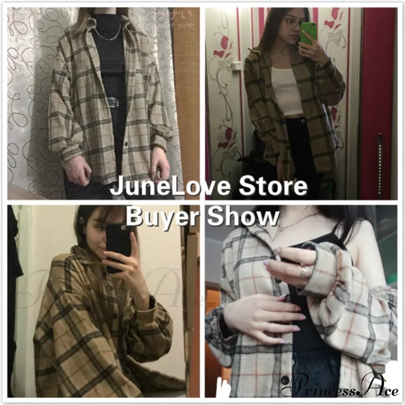Korean Flannel Plaid Boyfriend Oversized Blouse Casual For Women Autumn Street Tunic Shirts Vintage