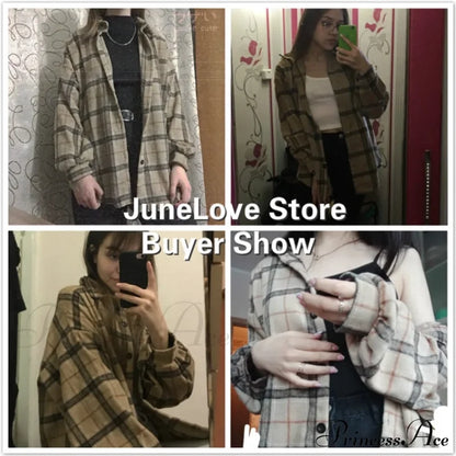 Korean Flannel Plaid Boyfriend Oversized Blouse Casual For Women Autumn Street Tunic Shirts Vintage