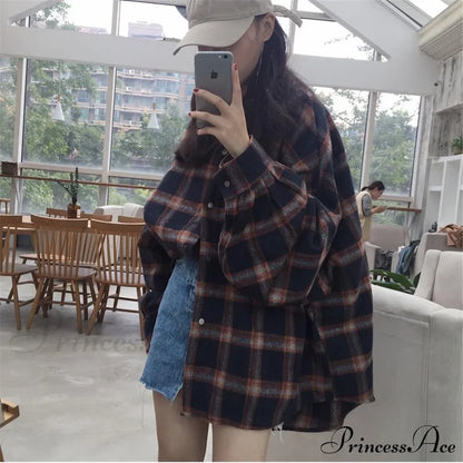 Korean Flannel Plaid Boyfriend Oversized Blouse Casual For Women Autumn Street Tunic Shirts Vintage