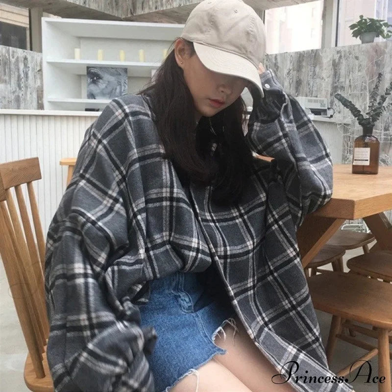 Korean Flannel Plaid Boyfriend Oversized Blouse Casual For Women Autumn Street Tunic Shirts Vintage