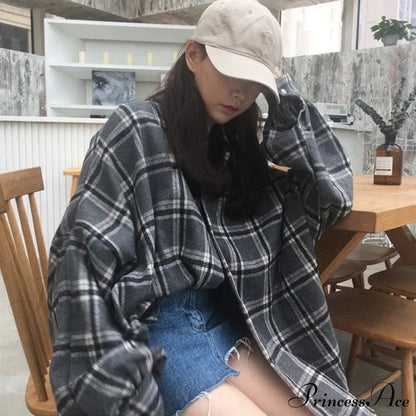 Korean Flannel Plaid Boyfriend Oversized Blouse Casual For Women Autumn Street Tunic Shirts Vintage