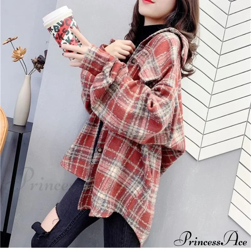 Korean Flannel Plaid Boyfriend Oversized Blouse Casual For Women Autumn Street Tunic Shirts Vintage