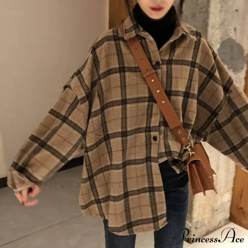 Korean Flannel Plaid Boyfriend Oversized Blouse Casual For Women Autumn Street Tunic Shirts Vintage