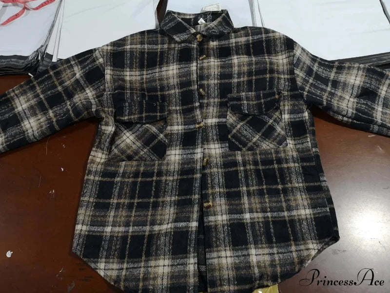 Korean Flannel Plaid Boyfriend Oversized Blouse Casual For Women Autumn Street Tunic Shirts Vintage