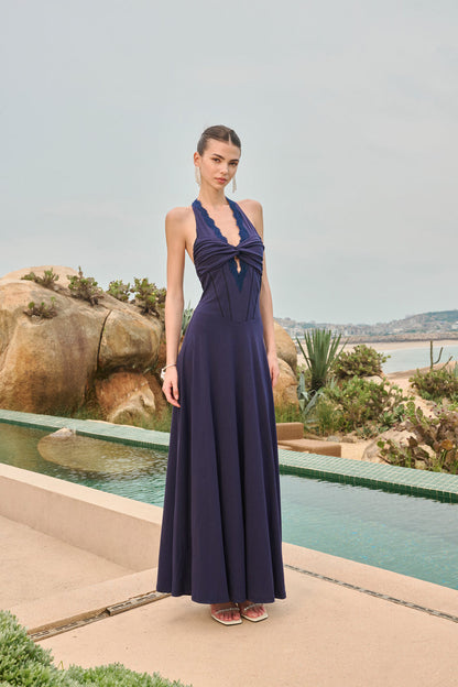 Lace halter open-back maxi dress
