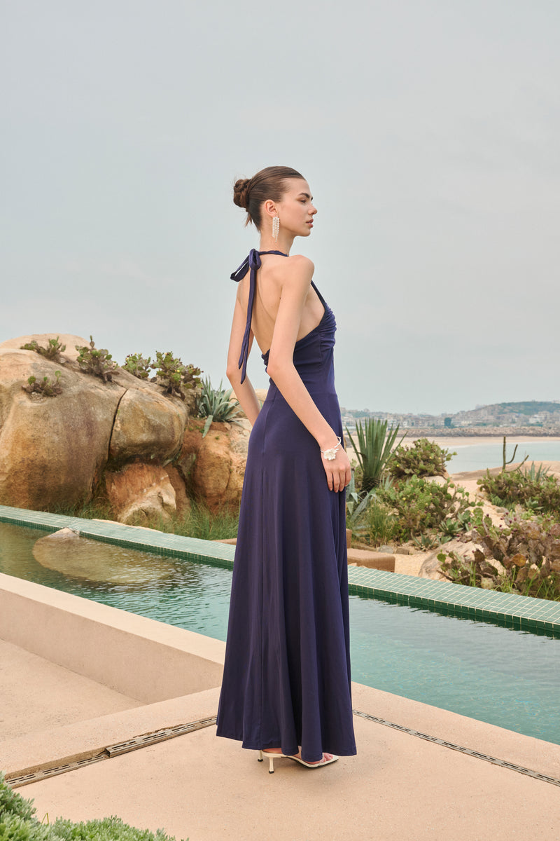 Lace halter open-back maxi dress