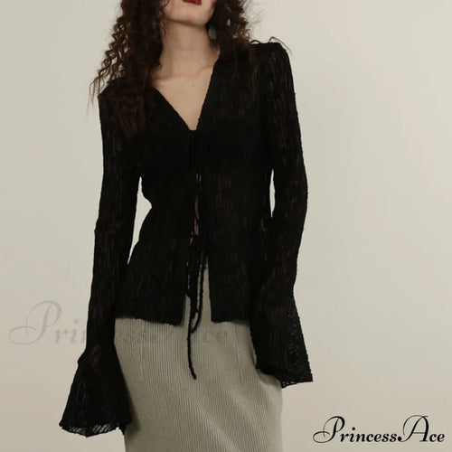 Lace Shirts Long Arm Slim Harajuku Transparent Blouse Korean Women Black Goth Fashion Aesthetic