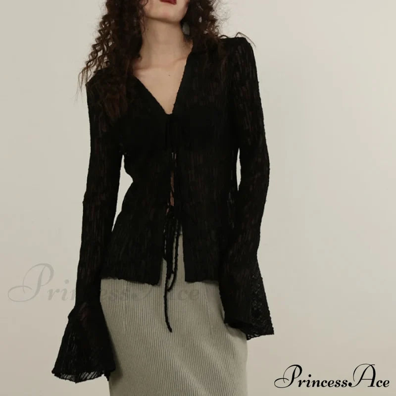 Lace Shirts Long Arm Slim Harajuku Transparent Blouse Korean Women Black Goth Fashion Aesthetic