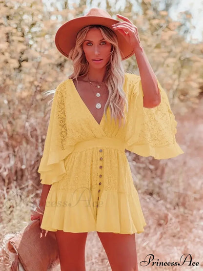 Lace Short Mini Summer Dress With Bat Sleeve S / Pink White Lace Summer Dress