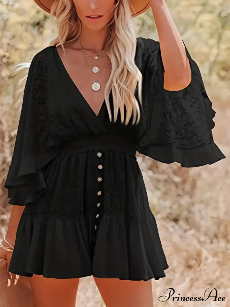Lace Short Mini Summer Dress With Bat Sleeve S / Blue White Lace Summer Dress
