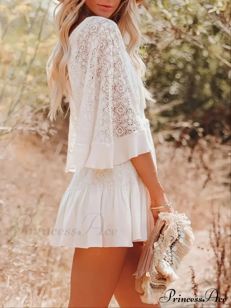 Lace Short Mini Summer Dress With Bat Sleeve S / Yellow White Lace Summer Dress