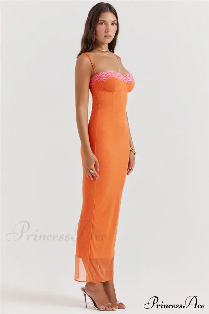 Lace Spaghetti Strap Charming Mesh Midi Dress Solid Ankle Length