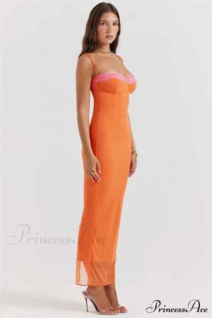 Lace Spaghetti Strap Charming Mesh Midi Dress Solid Ankle Length