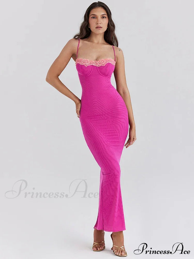 Lace Spaghetti Strap Charming Mesh Midi Dress Solid Ankle Length